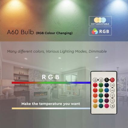Dimbare LED RGB lamp A60 E27/8,5W/230V 4000K + afstandsbediening