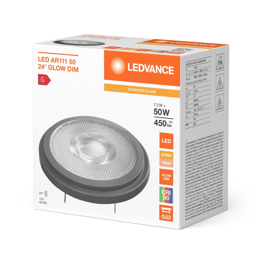 Dimbare LED-spot AR111 G53/7,2W/12V 1800-2700K 24° CRI 90 - Ledvance