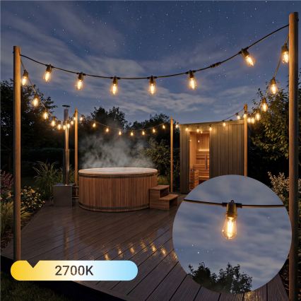 LED dimbare, op zonne-energie werkende decoratieve lichtsnoer 20xE27/0,3W/3/5V USB 2400 mAh 20,62 m IP65 zwart + afstandsbediening