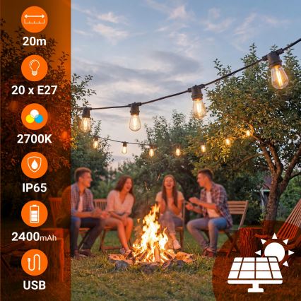 LED dimbare, op zonne-energie werkende decoratieve lichtsnoer 20xE27/0,3W/3/5V USB 2400 mAh 20,62 m IP65 zwart + afstandsbediening