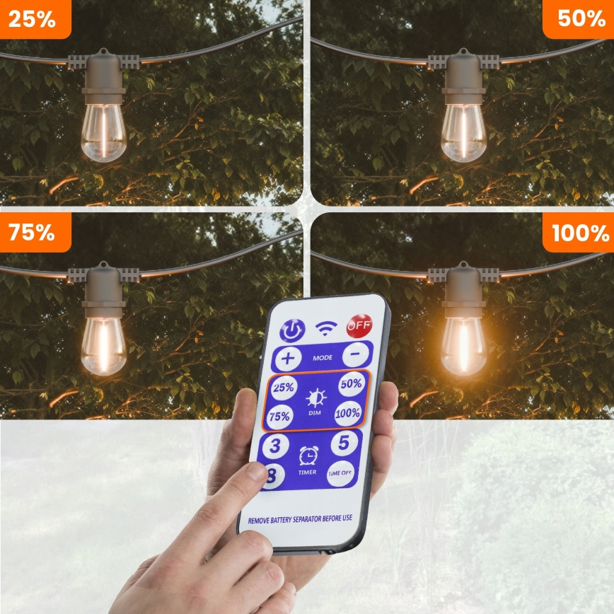 LED dimbare, op zonne-energie werkende decoratieve lichtsnoer 20xE27/0,3W/3/5V USB 2400 mAh 20,62 m IP65 zwart + afstandsbediening