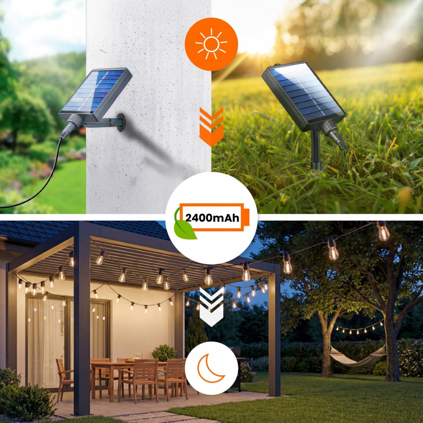 LED dimbare, op zonne-energie werkende decoratieve lichtsnoer 20xE27/0,3W/3/5V USB 2400 mAh 20,62 m IP65 zwart + afstandsbediening