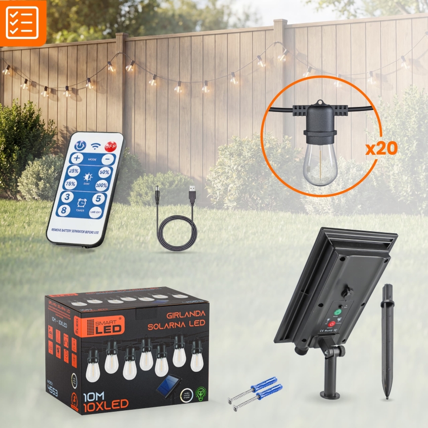 LED dimbare, op zonne-energie werkende decoratieve lichtsnoer 20xE27/0,3W/3/5V USB 2400 mAh 20,62 m IP65 zwart + afstandsbediening