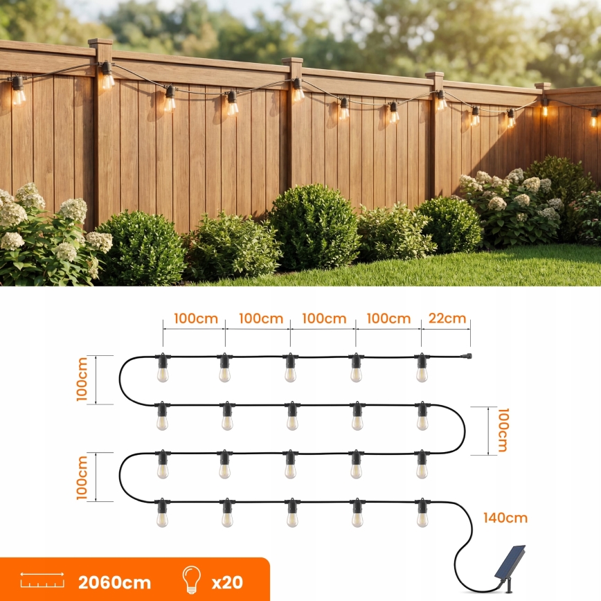 LED dimbare, op zonne-energie werkende decoratieve lichtsnoer 20xE27/0,3W/3/5V USB 2400 mAh 20,62 m IP65 zwart + afstandsbediening