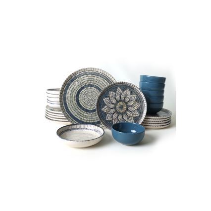 Dinerset 24-delig, blauw/crème/steengoed