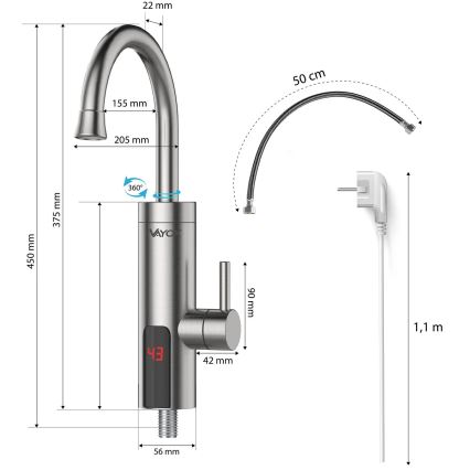 Doorstroomwaterverwarmer met LED scherm 3000W/230V IPX4 roestvrij