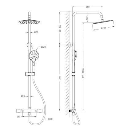Doucheset met thermostatische kraan DRAGOR, glanzend messing