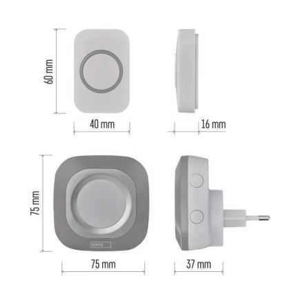 Draadloze deurbel voor stopcontact 230V + 1xCR2032 IP44 grijs