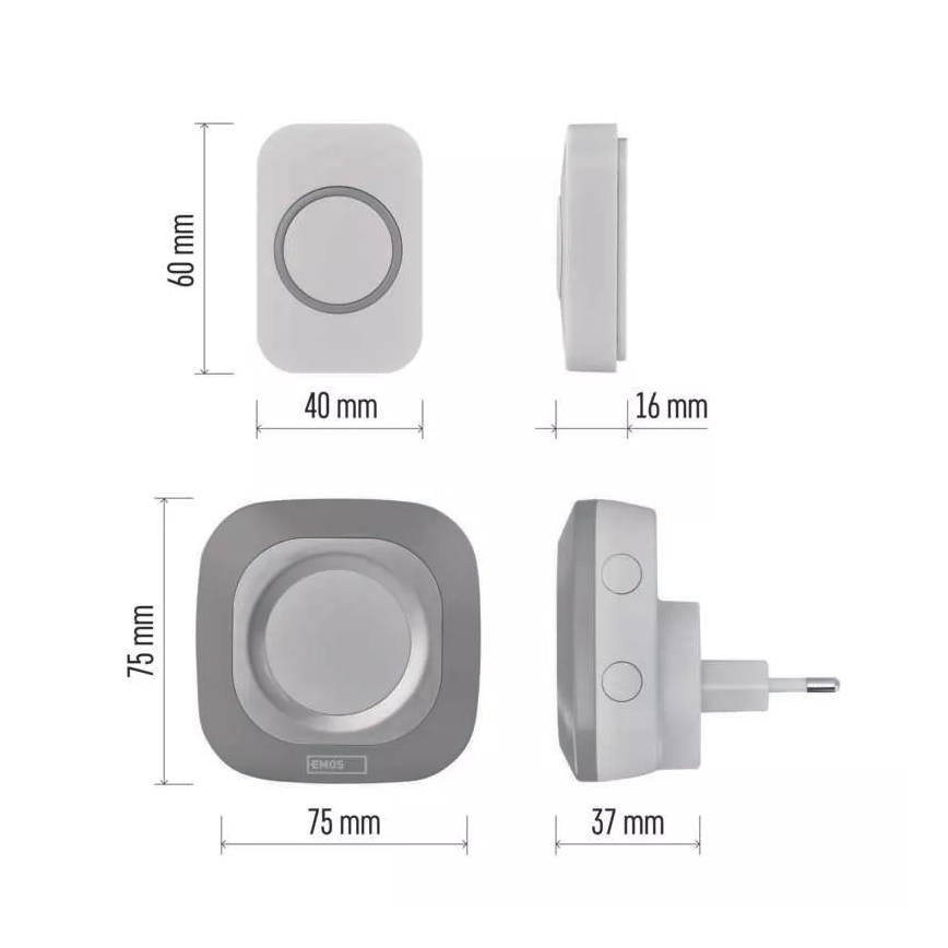 Draadloze deurbel voor stopcontact 230V + 1xCR2032 IP44 grijs