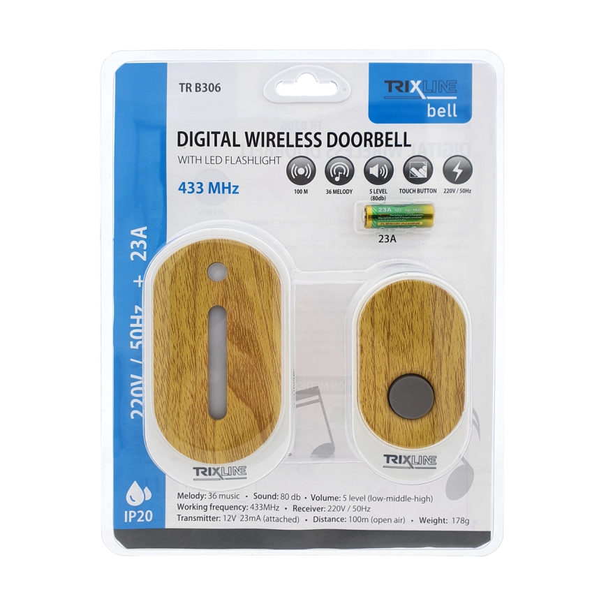 Draadloze deurbel met stekker BELL 230V + 1x23A bruin