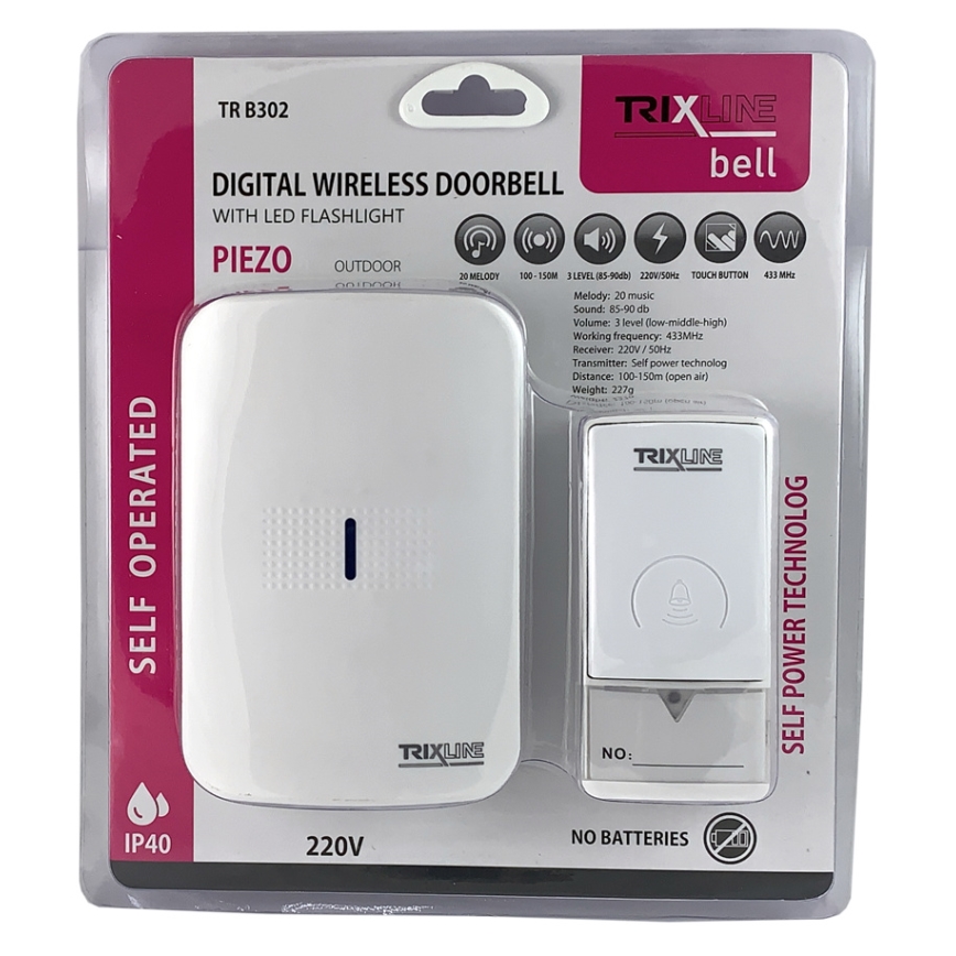 Draadloze deurbel met stekker PIEZO BELL 230V + 1x23A IP40 wit