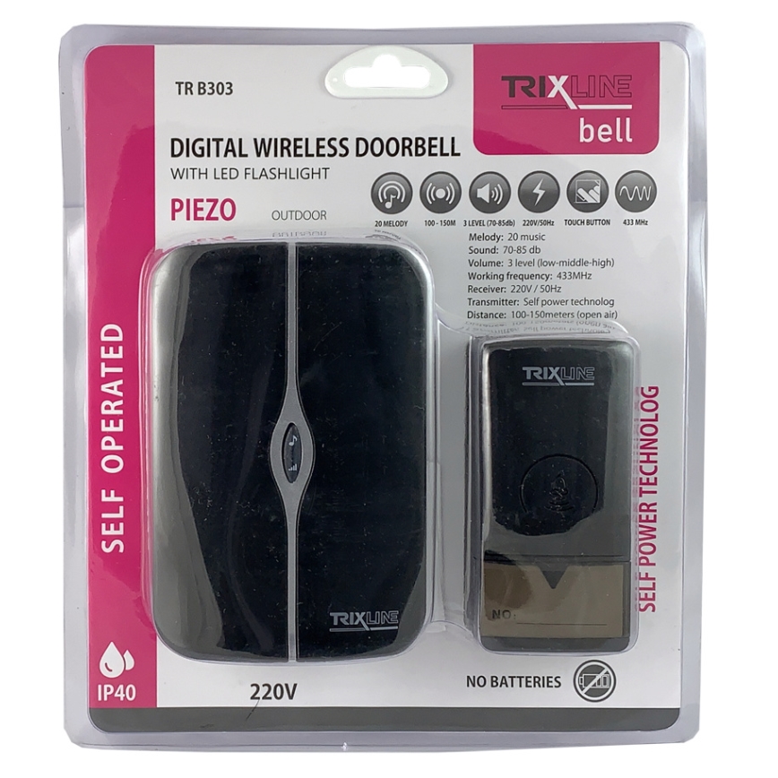 Draadloze deurbel met stekker PIEZO BELL 230V IP40 zwart