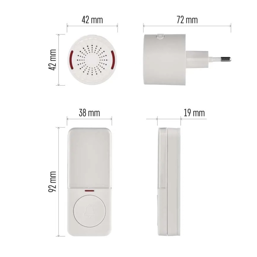 Draadloze deurbel voor stopcontact 230V + 1x CR2032, wit