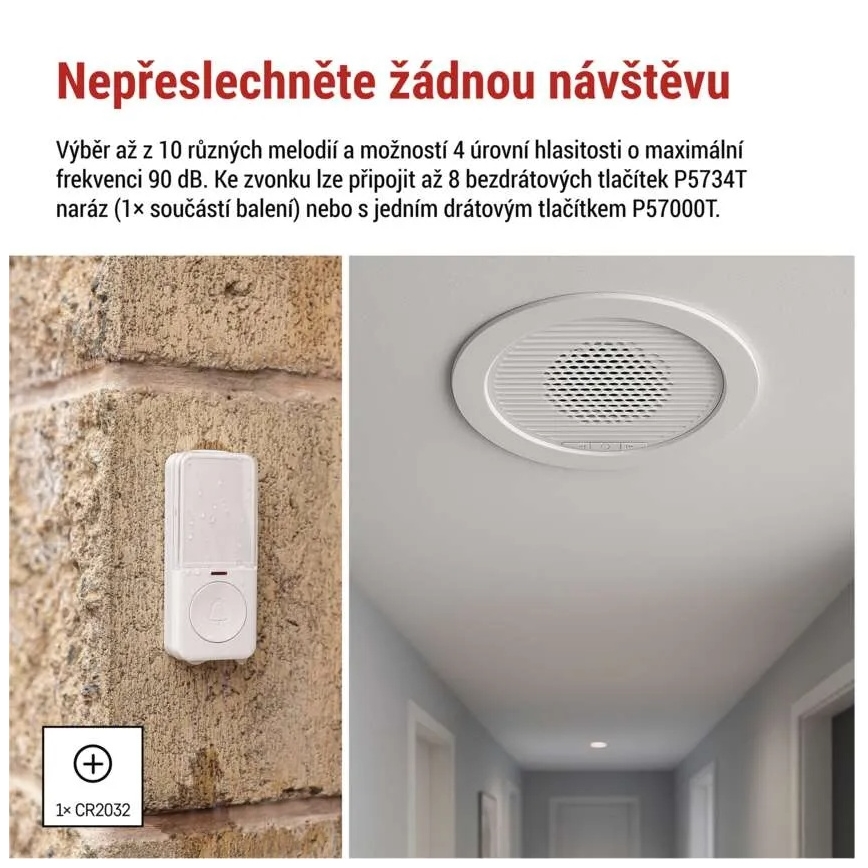 Draadloze inbouwdeurbel 230V + 1xCR2032 wit