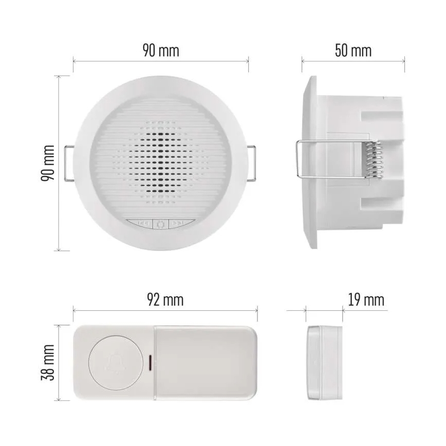 Draadloze inbouwdeurbel 230V + 1xCR2032 wit