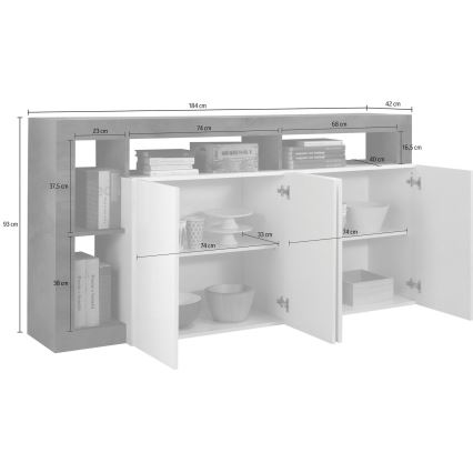 Dressoir LENOR 184 x 93 x 42 cm, wit/grijs betonlook