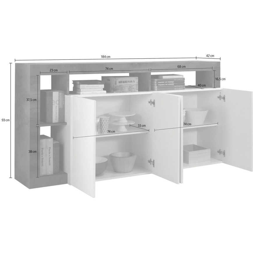 Dressoir LENOR 184 x 93 x 42 cm, wit/grijs betonlook