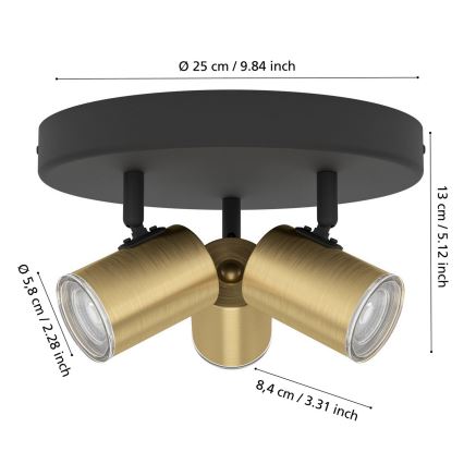 Eglo - Badkamer-spotlamp 3x GU10/5W/230V Ø 25 cm IP44 zwart/goud