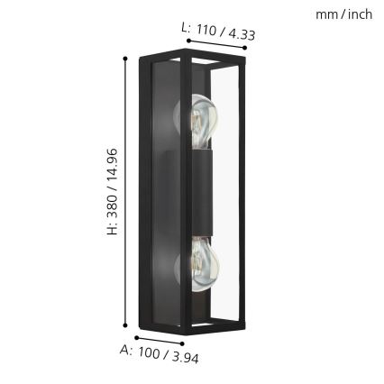 Eglo 33856 - Buitenwandlamp ALAMONTE 2xE27/60W/230V IP44 zwart