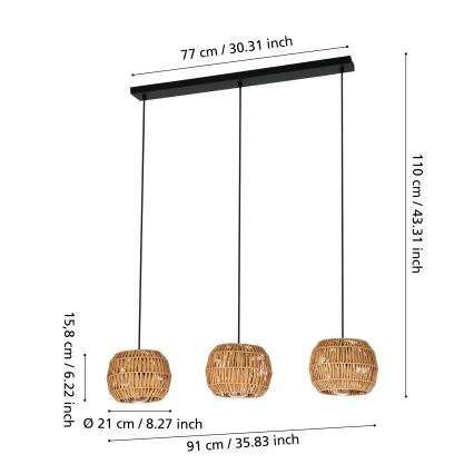Eglo - Hanglamp met snoer 3xE27/40W/230V bruin