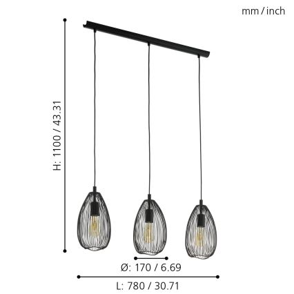 Eglo 49142 - Hanglamp aan koord CLEVEDON 3xE27/60W/230V