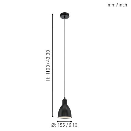 Eglo 55243 - Hanglamp PRIDDY met kabel 1xE27/60W/230V zwart