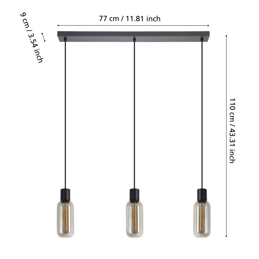 Eglo - Hanglamp met snoer 3xE27/4W/230V zwart/gerookt glas