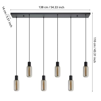 Eglo - Hanglamp met kabelophanging 6xE27/4W/230V zwart/rookglas