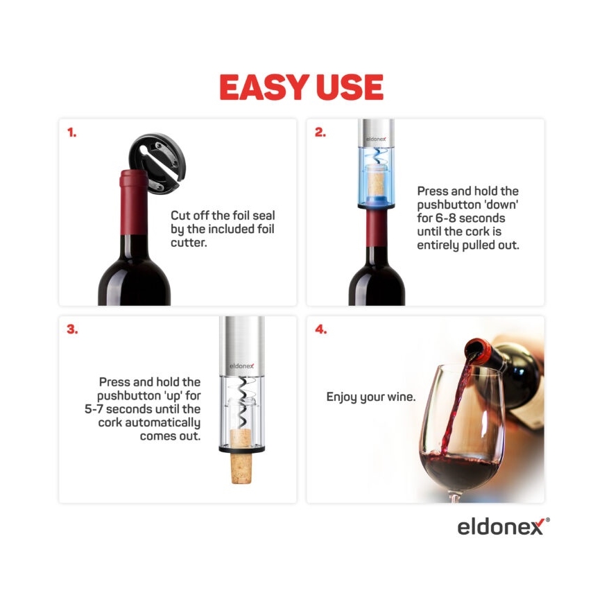 ELDONEX EWO-2200-SL - Elektrische wijnopener 4xAA mat chroom