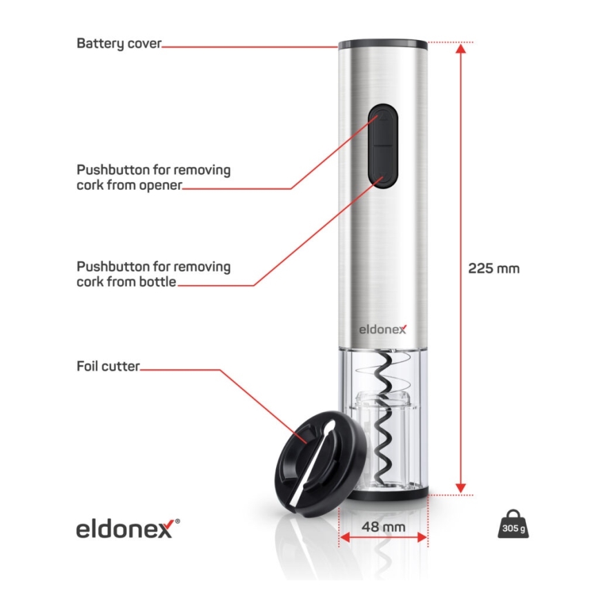 ELDONEX EWO-2200-SL - Elektrische wijnopener 4xAA mat chroom