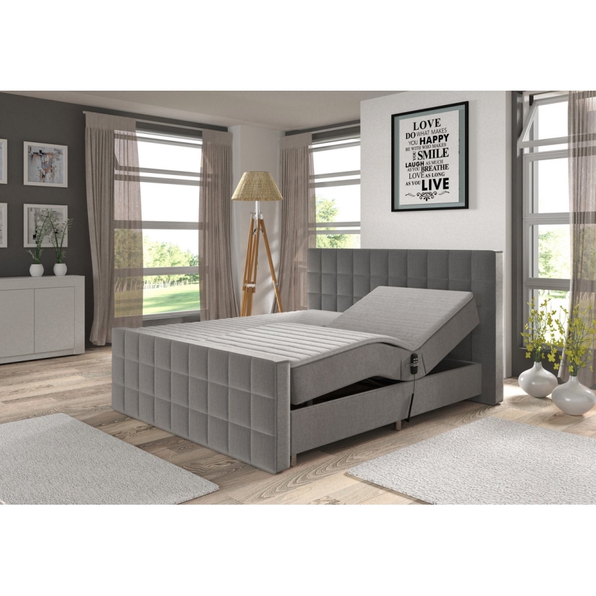 Elektrisch verstelbaar gestoffeerd bed met matrassen en topper HELEN 180x200 cm grijs