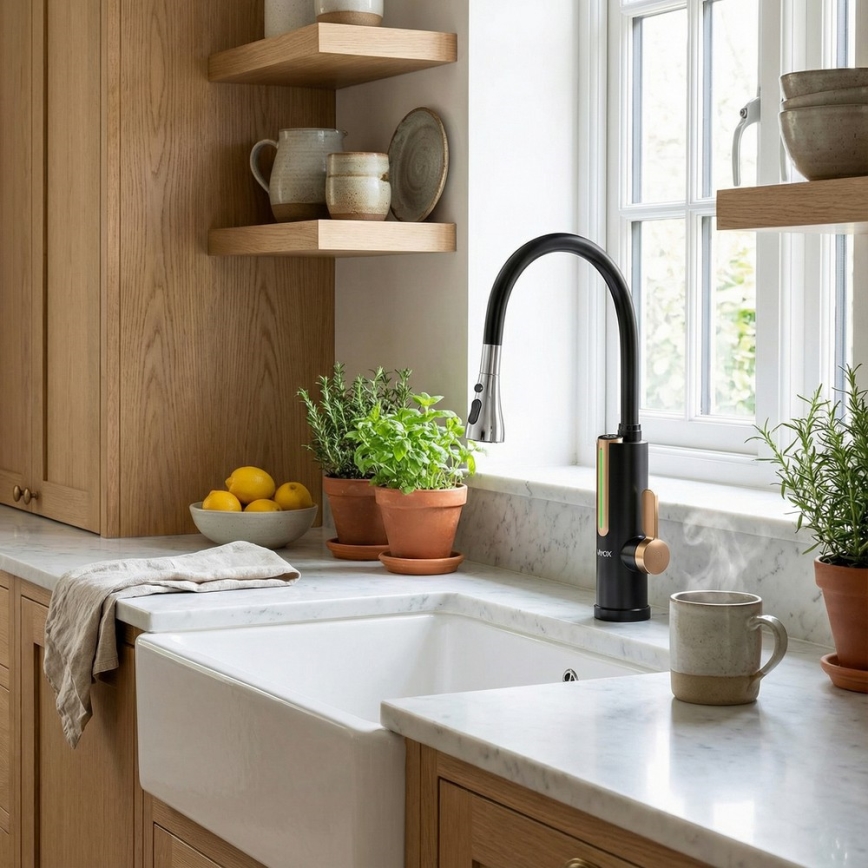 Elektrische doorstroomverwarmer met LED-display 3000W/230V IPX4 zwart/goud