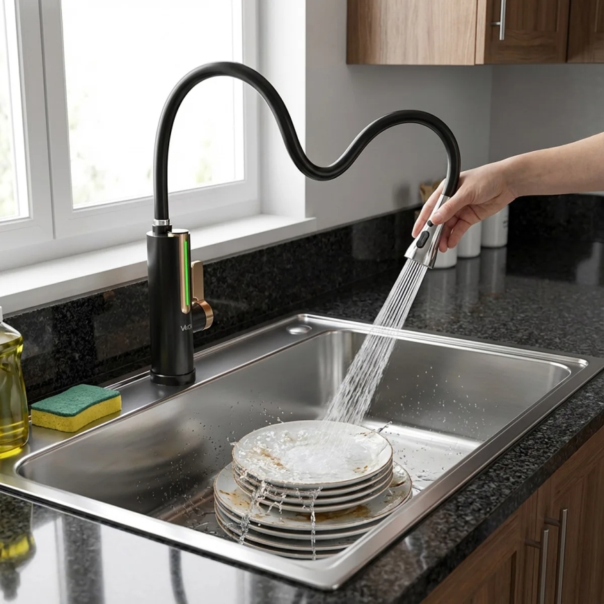 Elektrische doorstroomverwarmer met LED-display 3000W/230V IPX4 zwart/goud