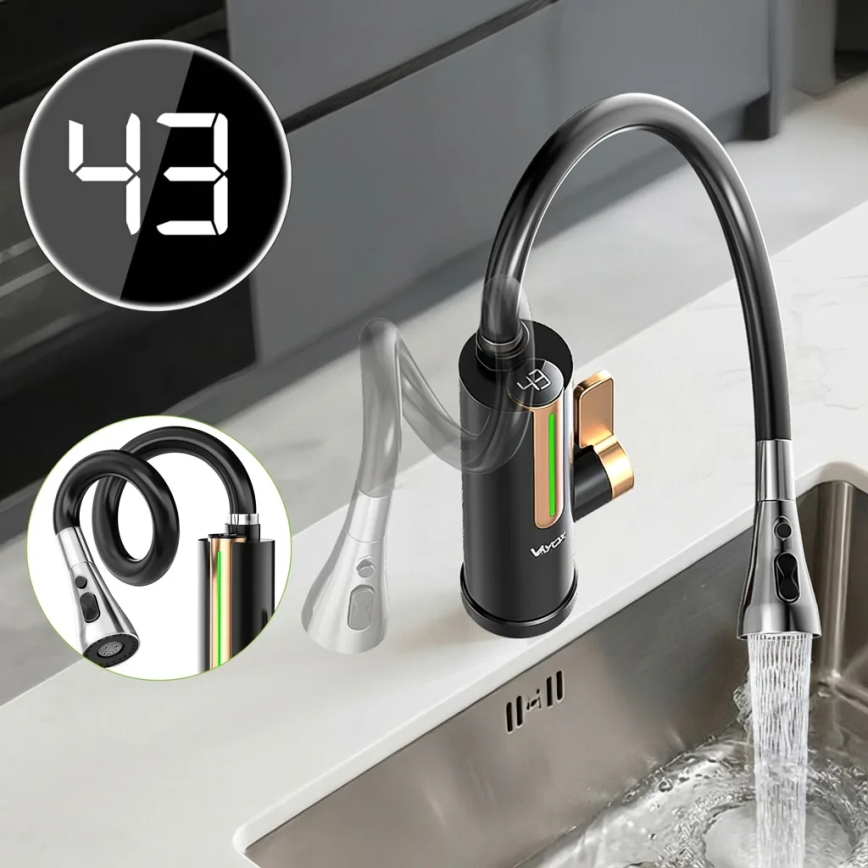 Elektrische doorstroomverwarmer met LED-display 3000W/230V IPX4 zwart/goud