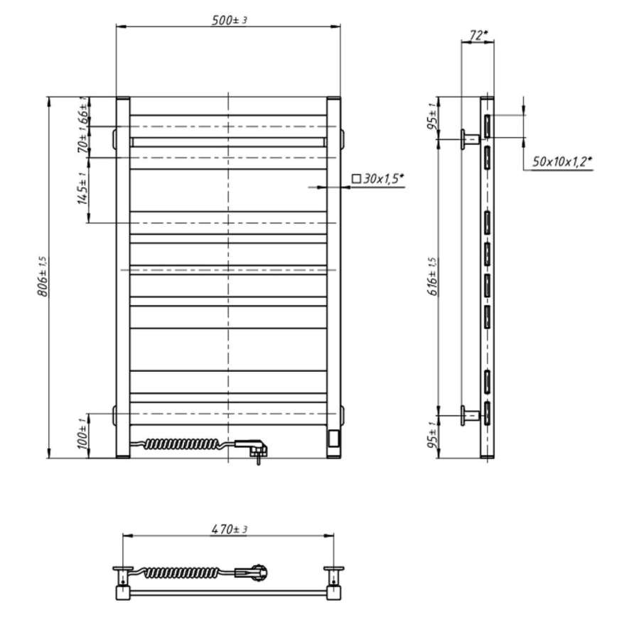 Elektrische handdoekdroger LARGO met thermostaat, 168 W, 80 x 50 cm, wit, links