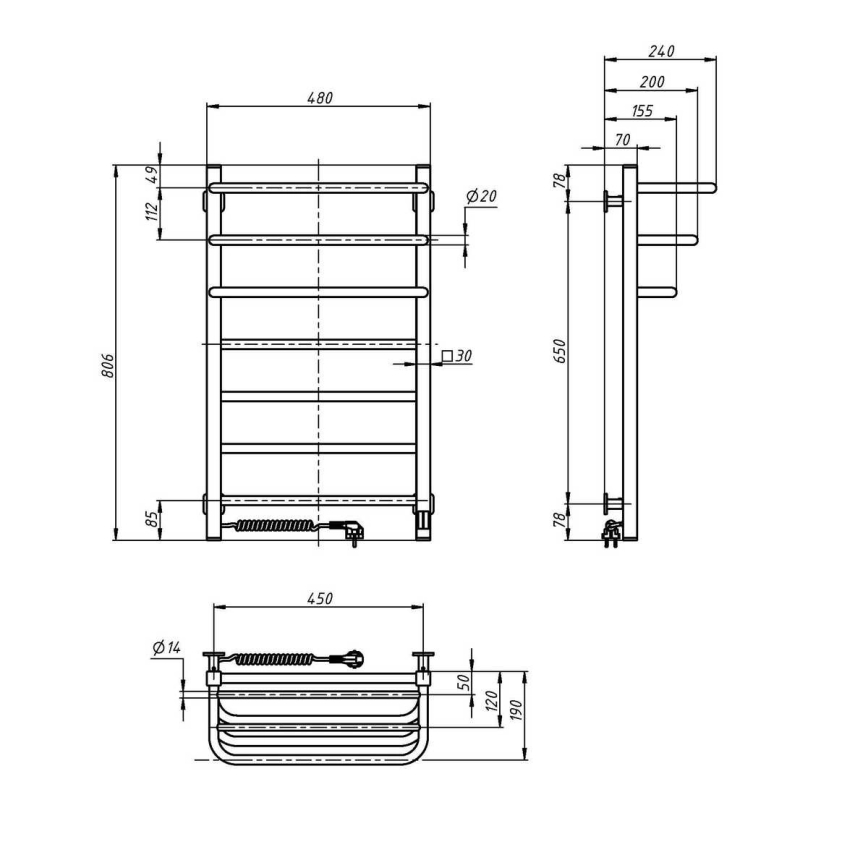 Elektrische handdoekdroger met thermostaat FORTIS, 155 W, 80 x 48 cm, zwart, links