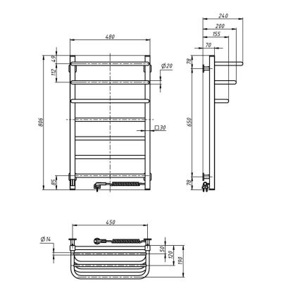 Elektrische handdoekdroger met thermostaat FORTIS 155W 80x48 cm, zwart, rechts
