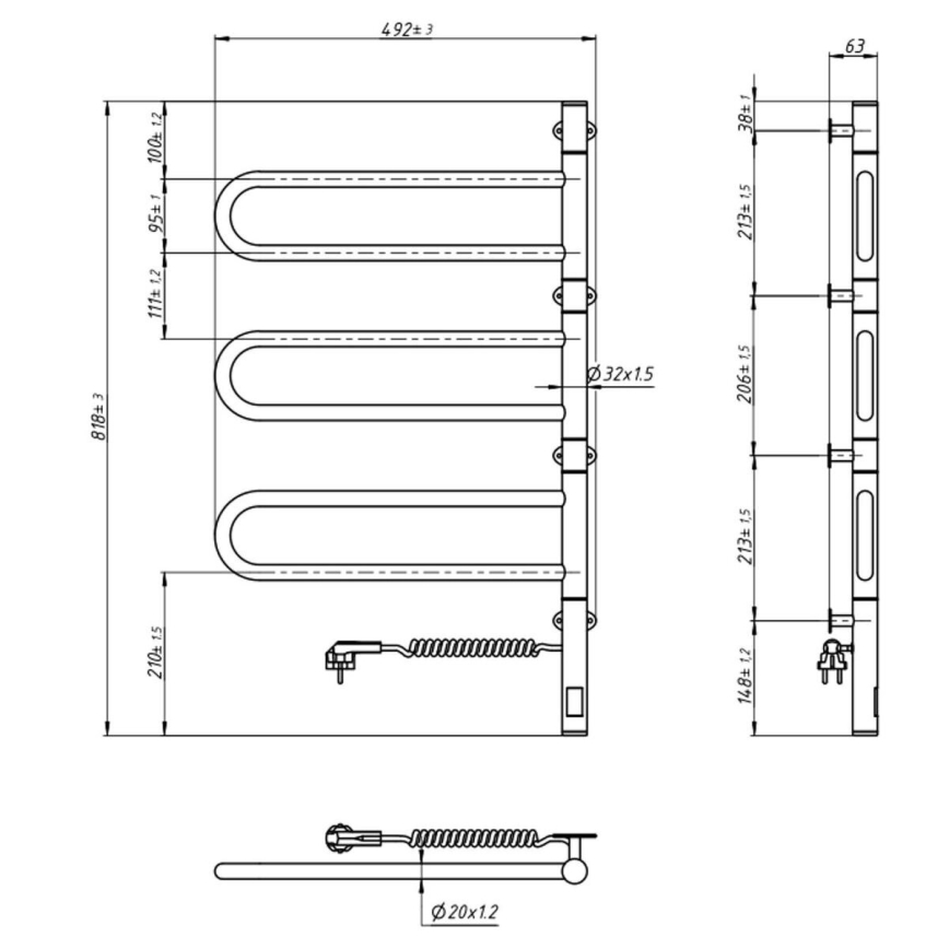Elektrische handdoekradiator met thermostaat FOUETTE 185W/230V 81,8 cm IP44 wit
