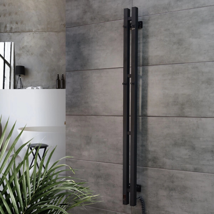 Elektrische handdoekradiator met thermostaat SILOUETTE 187W/230V 120,6 cm IP44 zwart rechts hoekig
