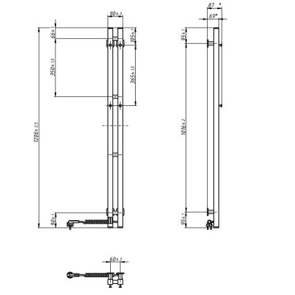 Elektrische handdoekradiator met thermostaat SILOUETTE 187W/230V 120,6 cm IP44 zwart rechts hoekig
