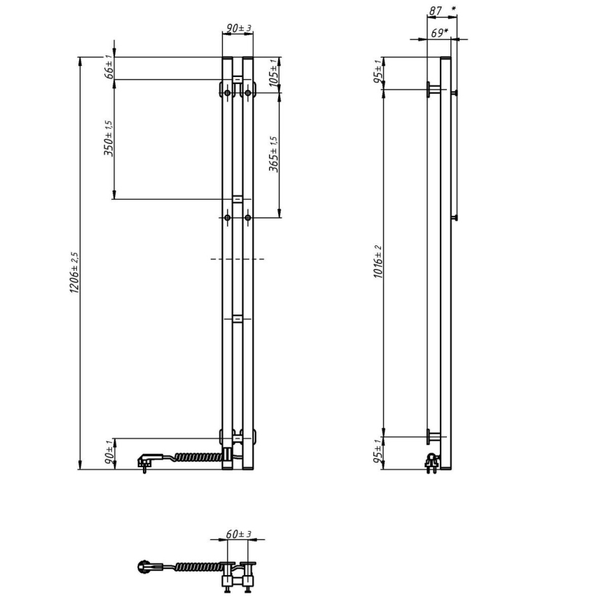 Elektrische handdoekradiator met thermostaat SILOUETTE 187W/230V 120,6 cm IP44 zwart rechts hoekig