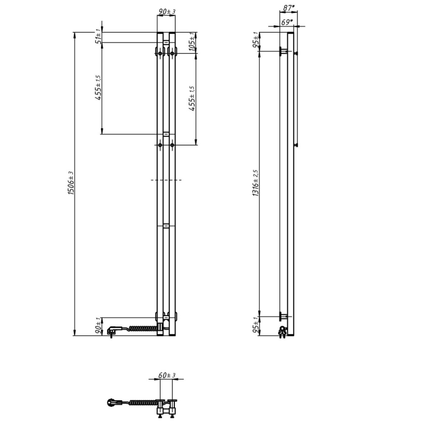 Elektrische handdoekdroger met thermostaat SILOUETTE 200W/230V 150,6cm IP44 zwart rechts