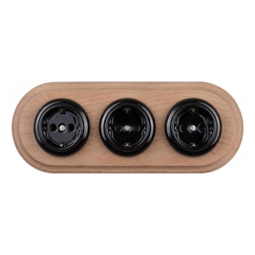 Elhard - Driedubbele keramische retro huishoudelijke wandcontactdoos met afdekraam SCHUKO 230V zwart/licht hout