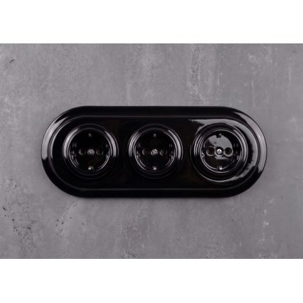 Elhard - Driedubbele keramische retro wandcontactdoos met SCHUKO-frame 230V zwart