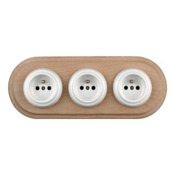 Elhard - Driedubbele keramische retro-wandcontactdoos voor huishoudelijk gebruik met afdekraam 230V wit/licht hout