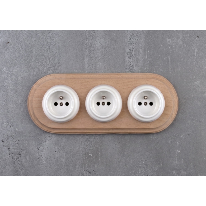 Elhard - Driedubbele keramische retro-wandcontactdoos voor huishoudelijk gebruik met afdekraam 230V wit/licht hout