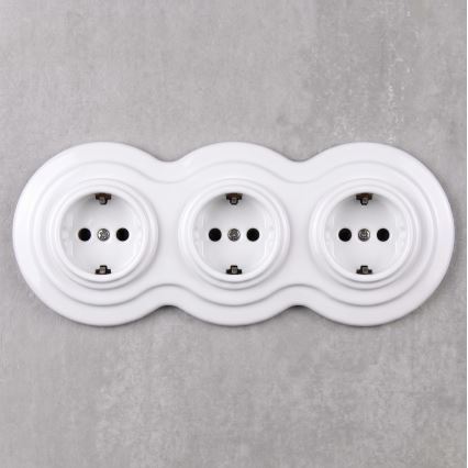 Elhard - Drievoudig keramisch retro stopcontact met afdekraam SCHUKO 230V wit