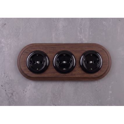 Elhard - Drievoudige keramische retro-wandcontactdoos voor huishoudelijk gebruik met frame SCHUKO 230V černá/tmavé dřevo