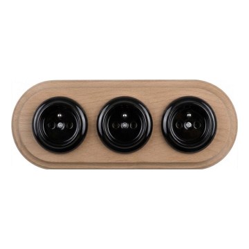 Elhard - Drievoudig keramisch retro stopcontact voor huishoudelijk gebruik met afdekraam 230V zwart/licht hout