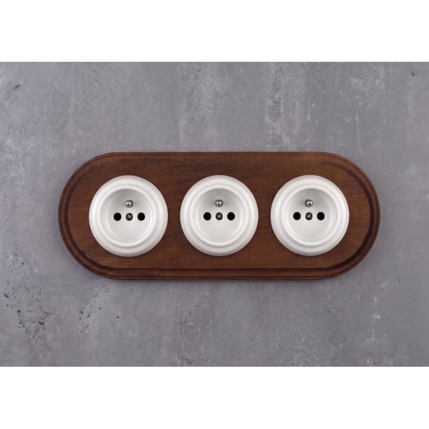 Elhard - Drievoudige keramische retro-wandcontactdoos met afdekraam 230V wit/donker hout